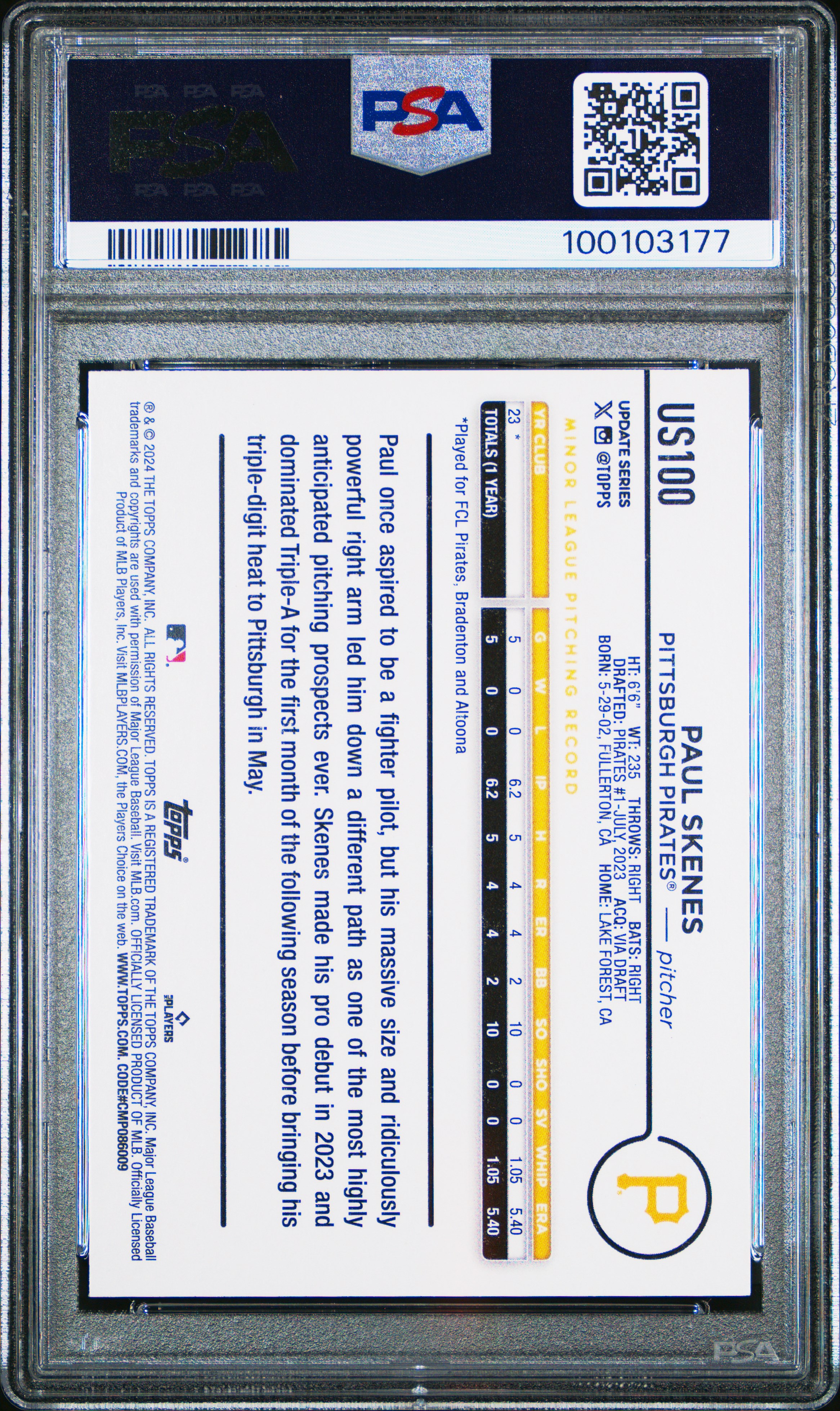 2024 Topps Update Paul Skenes #Us100 Gem Mt 10 back