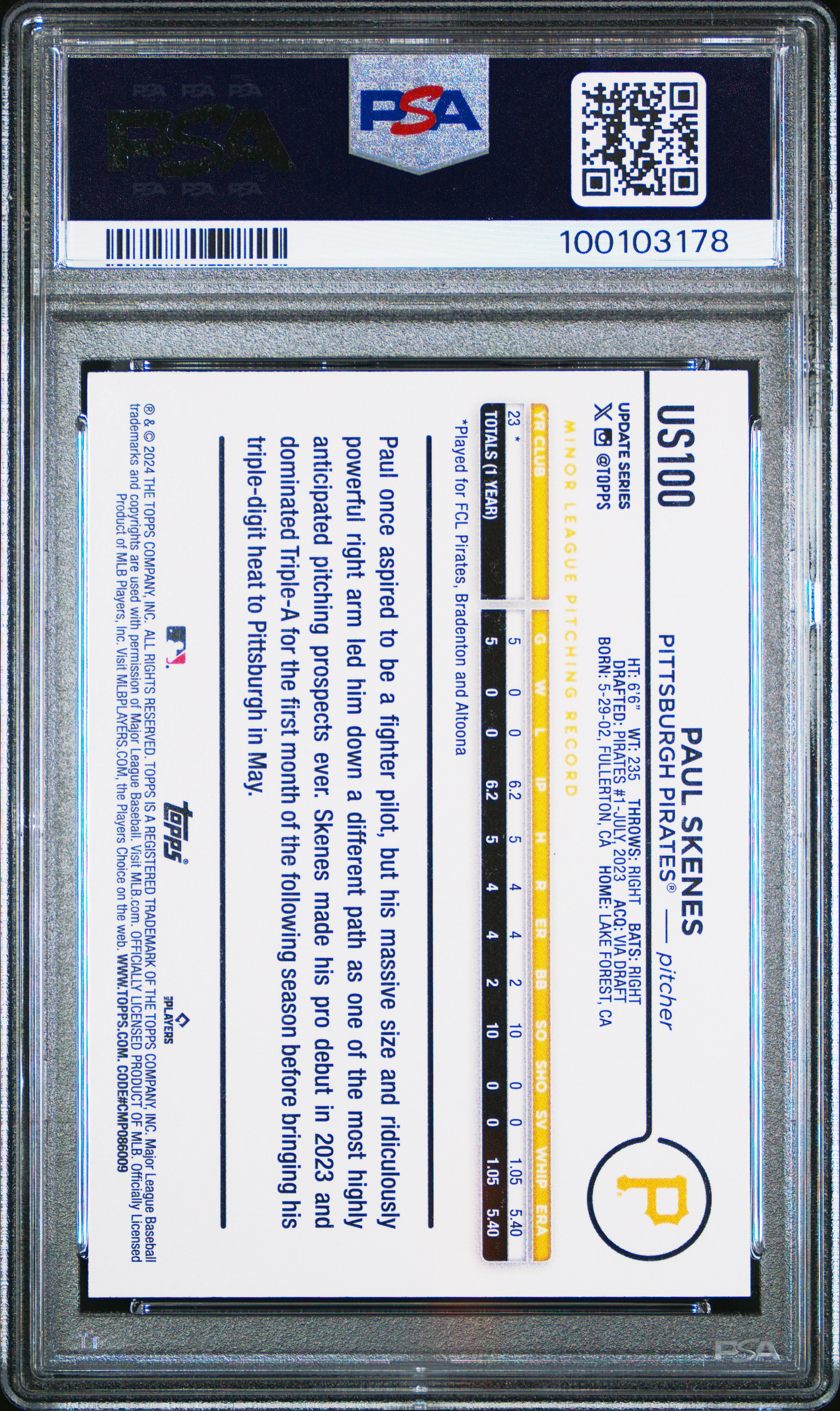 2024 Topps Update Paul Skenes #Us100 Mint 9 back