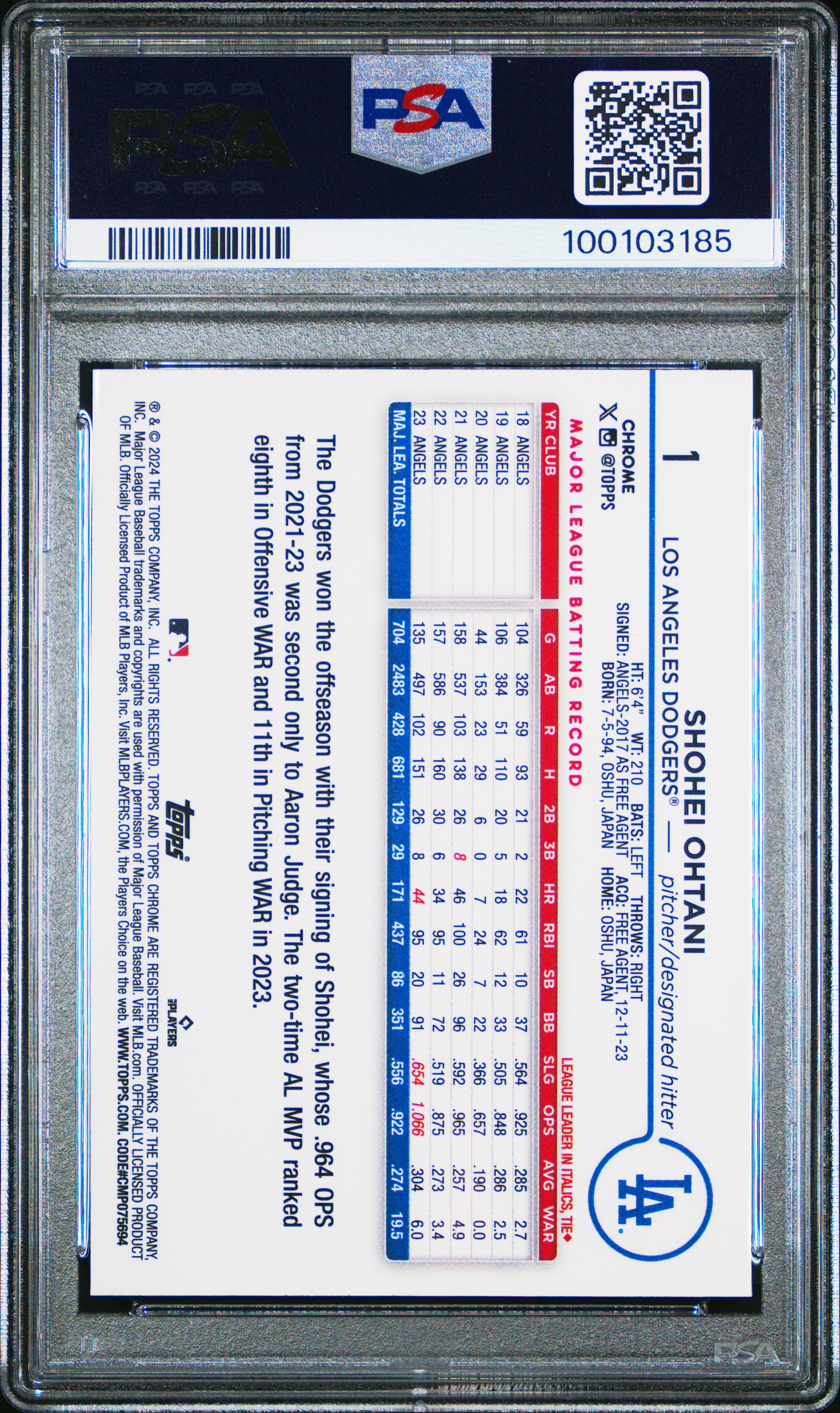 2024 Topps Chrome Shohei Ohtani #1 (Prism Refractor) Gem Mt 10 back