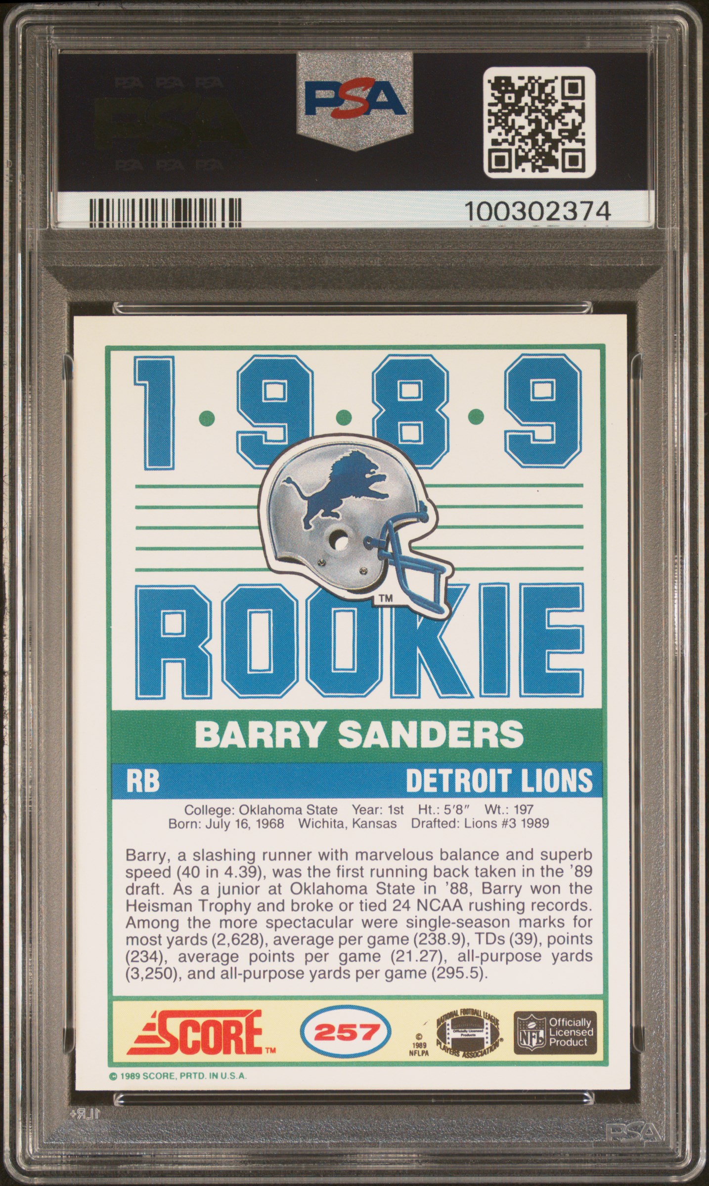 1989 Score Barry Sanders #257 Mint 9 back