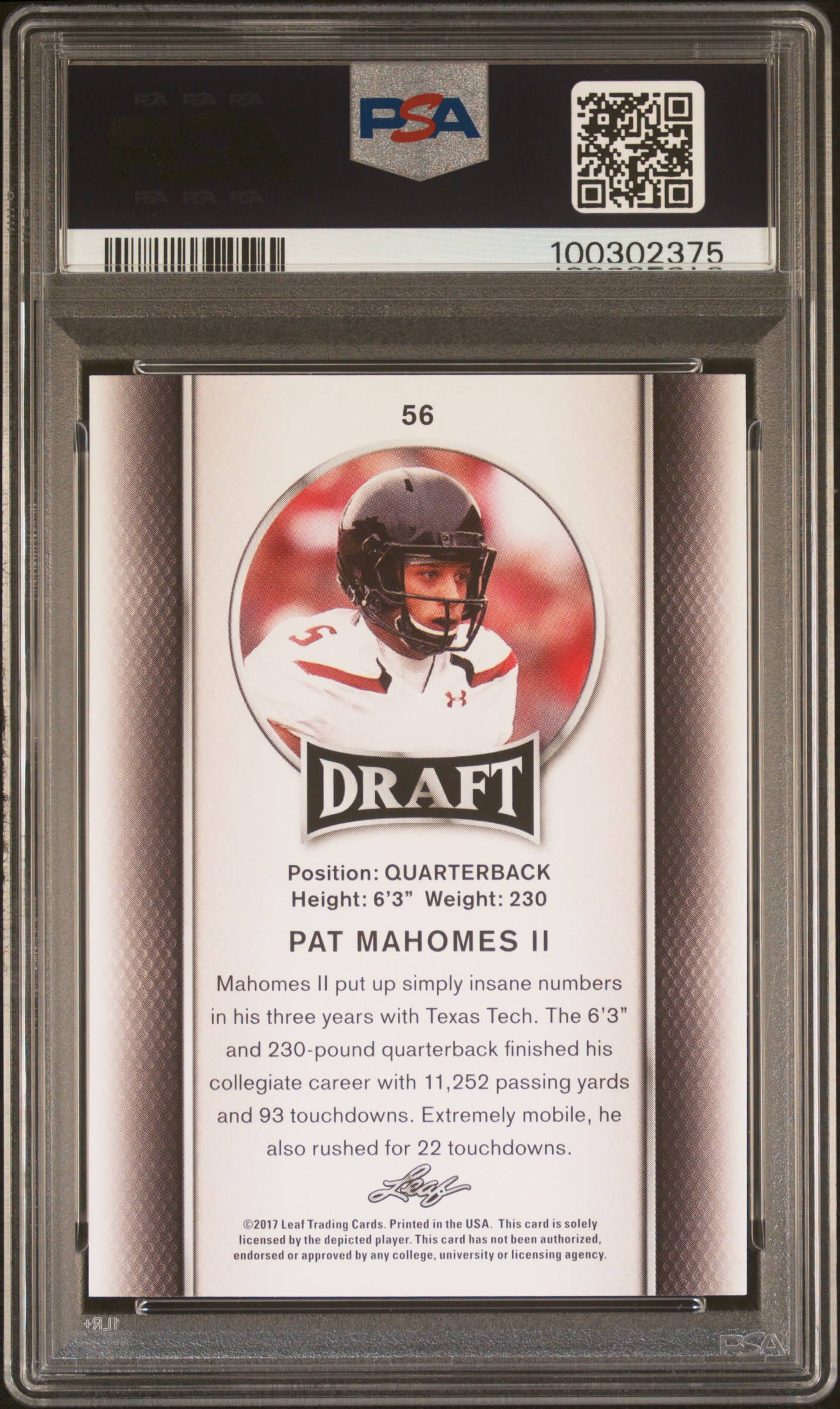 2017 Leaf Draft Pat Mahomes Ii #56 Gem Mt 10 back