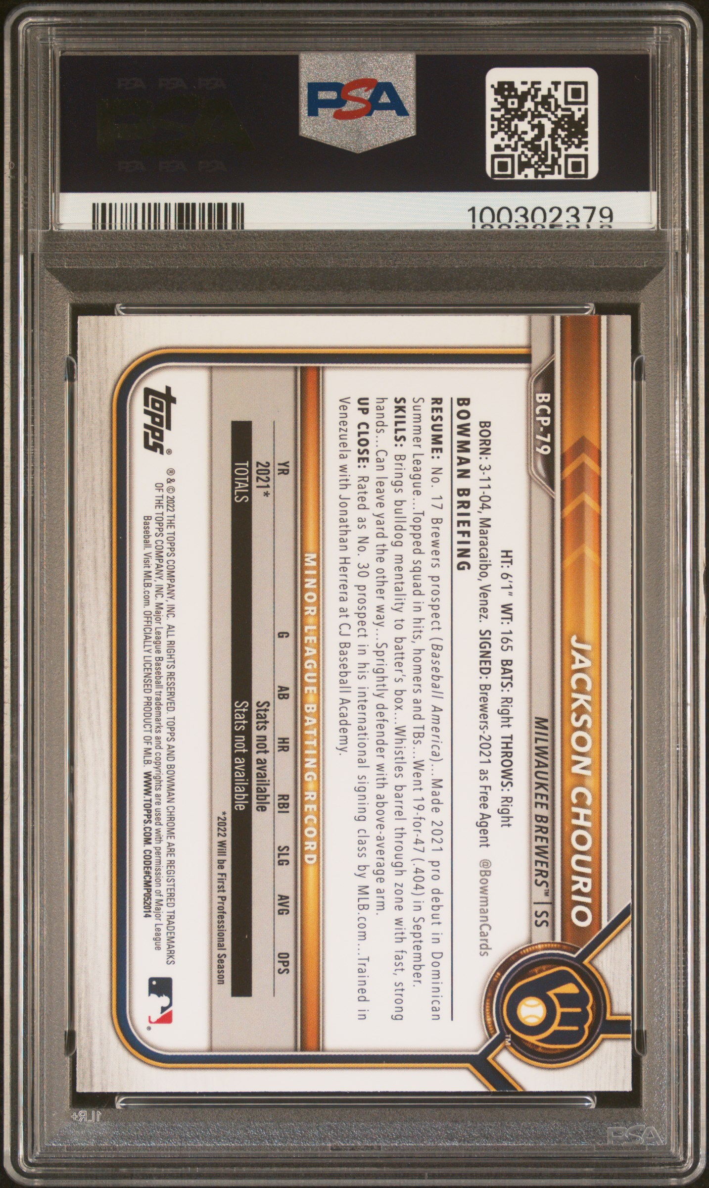 2022 Bowman Mega Box Chrome Jackson Chourio #79 (Chrome) Mint 9 back