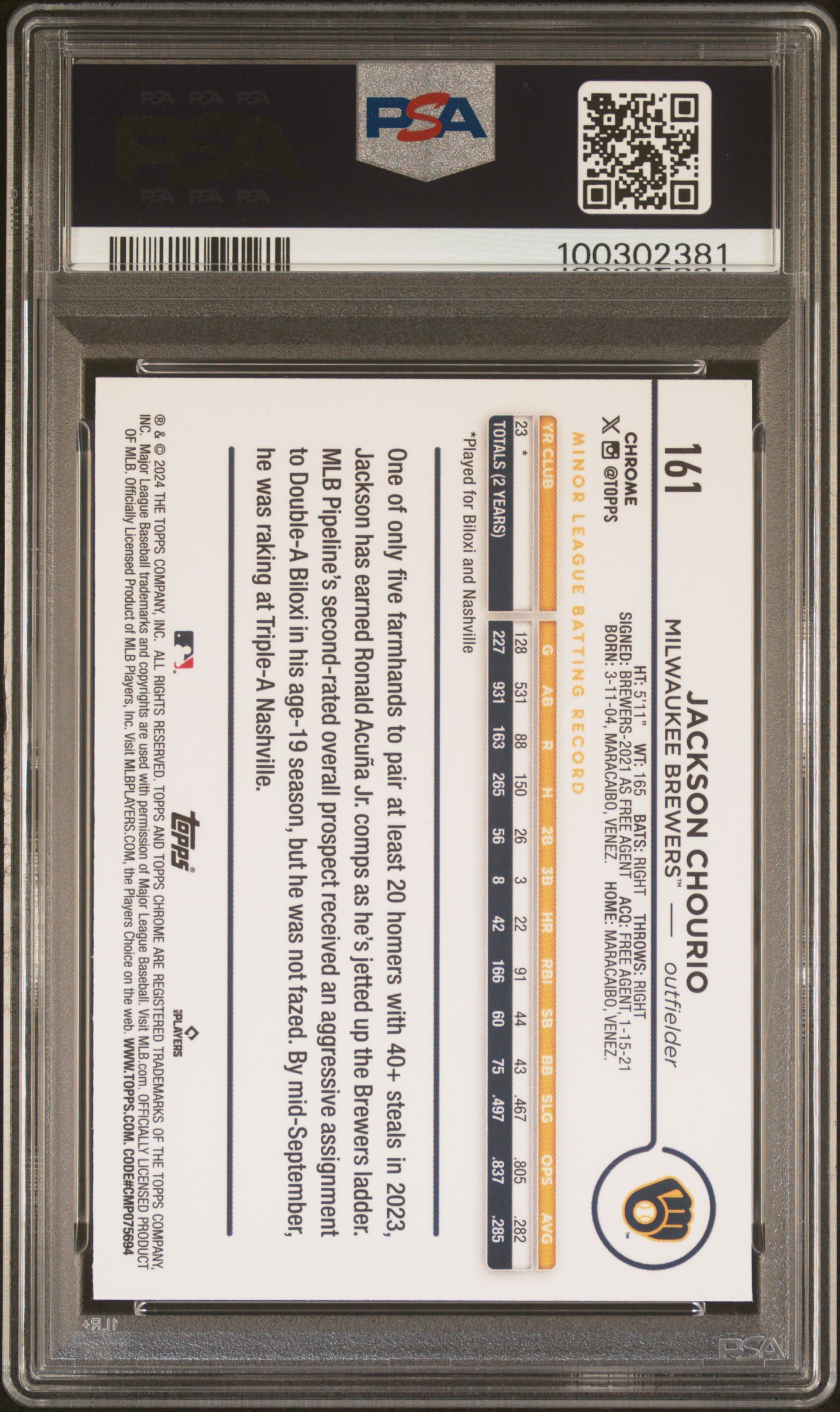 2024 Topps Chrome Jackson Chourio #161 (Pink Refractor) Gem Mt 10 back