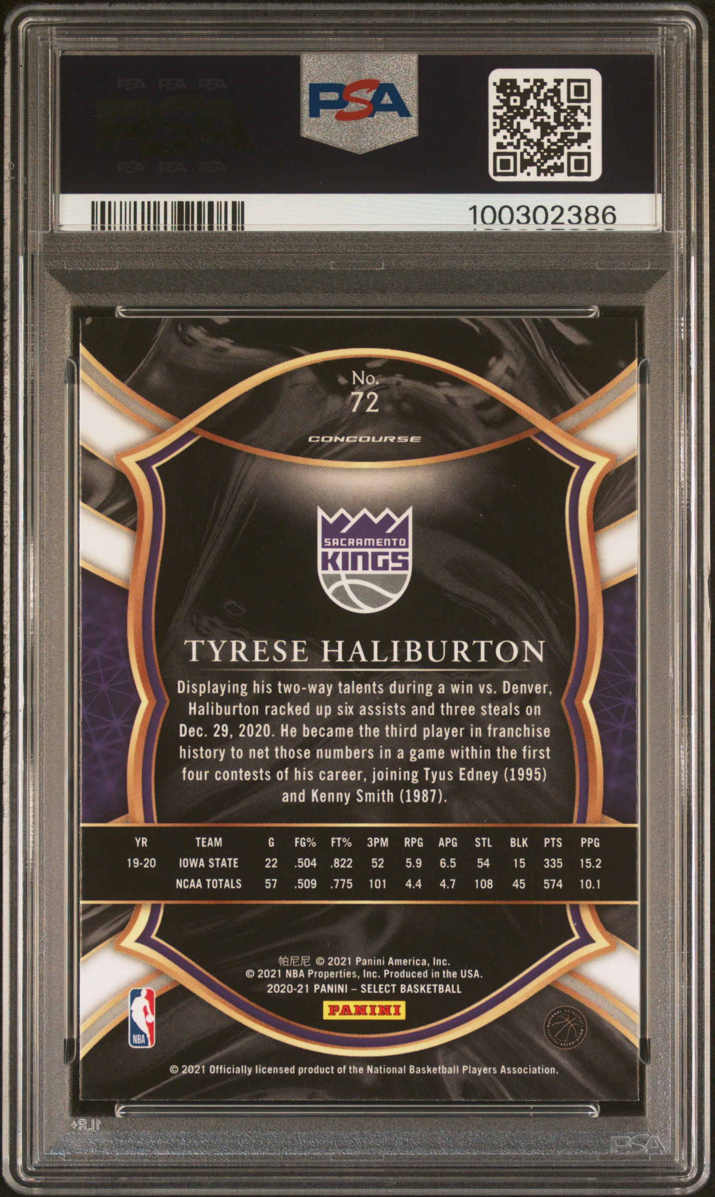 2020 Panini Select Tyrese Haliburton #72 Mint 9 back