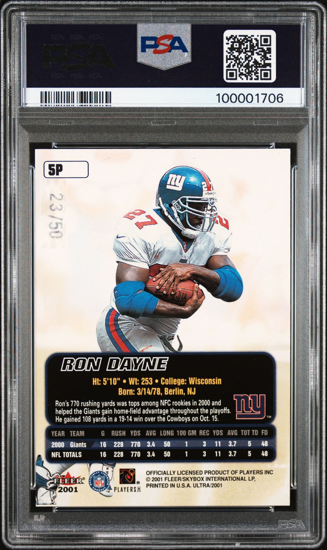 2001 Ultra Ron Dayne #5P (Platinum Medallion) Nm-Mt 8 back