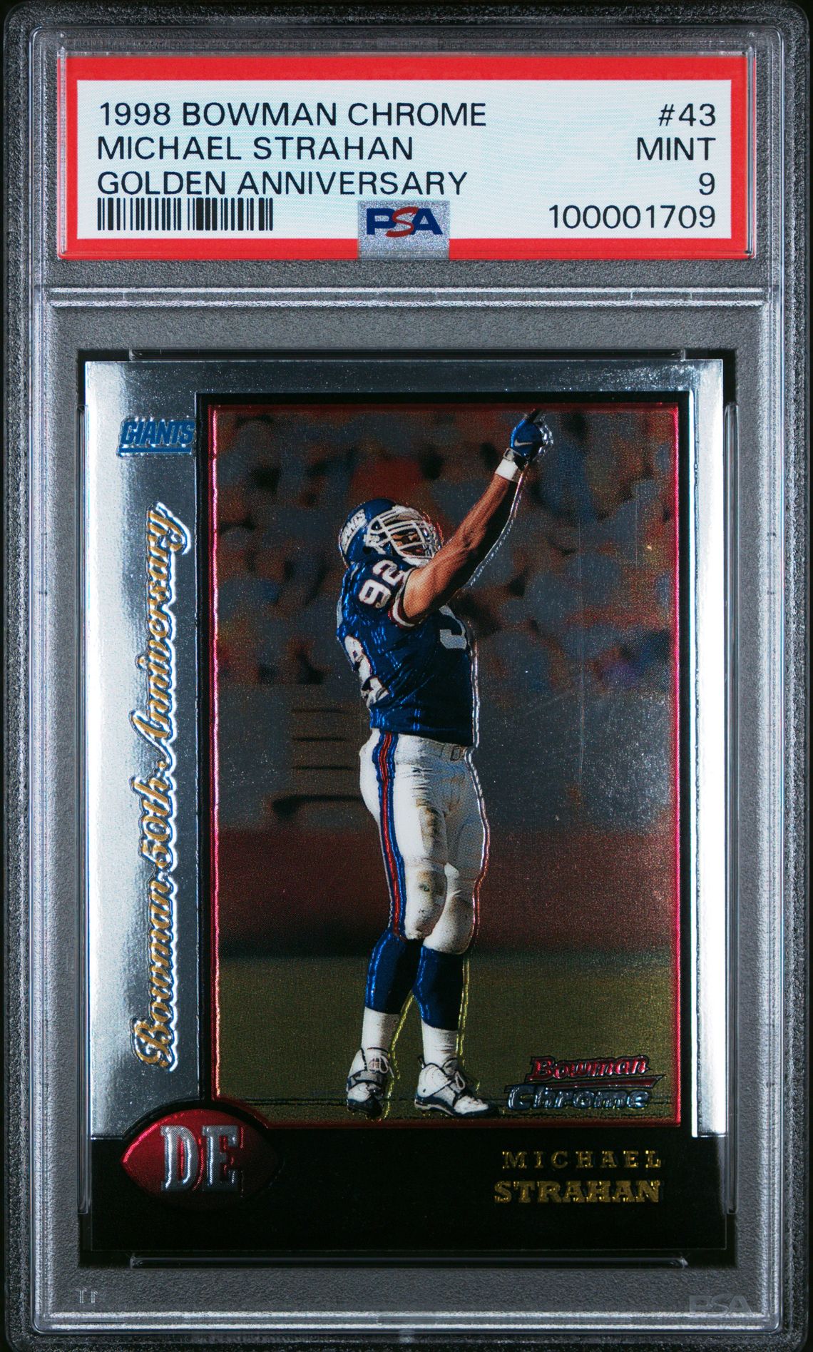 1998 Bowman Chrome Michael Strahan #43 (Golden Anniversary) Mint 9 front