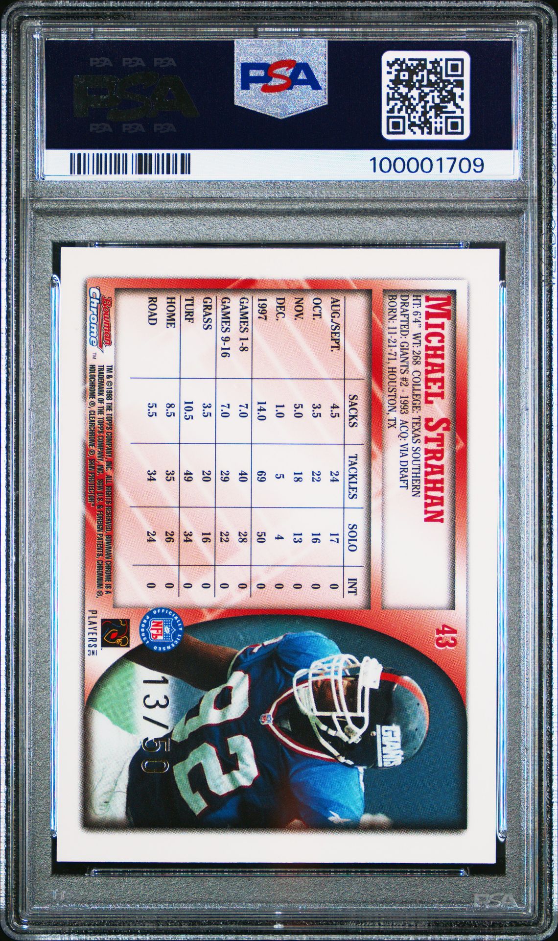 1998 Bowman Chrome Michael Strahan #43 (Golden Anniversary) Mint 9 back