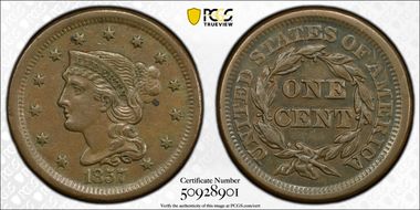1857 1C Small Date AU55BN