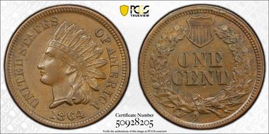 1864 1C Bronze AU58BN