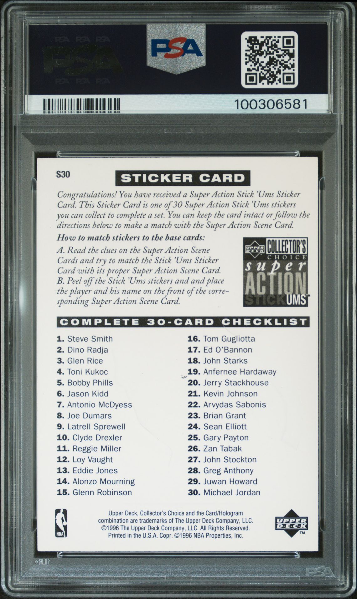 1996 Collector's Choice Stick-Ums 2 Michael Jordan #S30 (Stick-Ums 2 (White Jersey)) Gem Mt 10 back view - PSA certificate #100306581