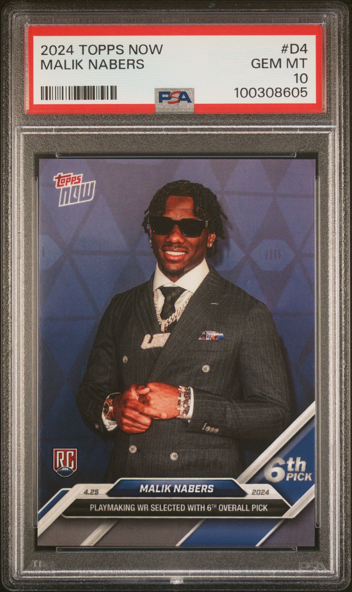 2024 Topps Now Malik Nabers #D4 Gem Mt 10 front view - PSA graded GEM MT 10