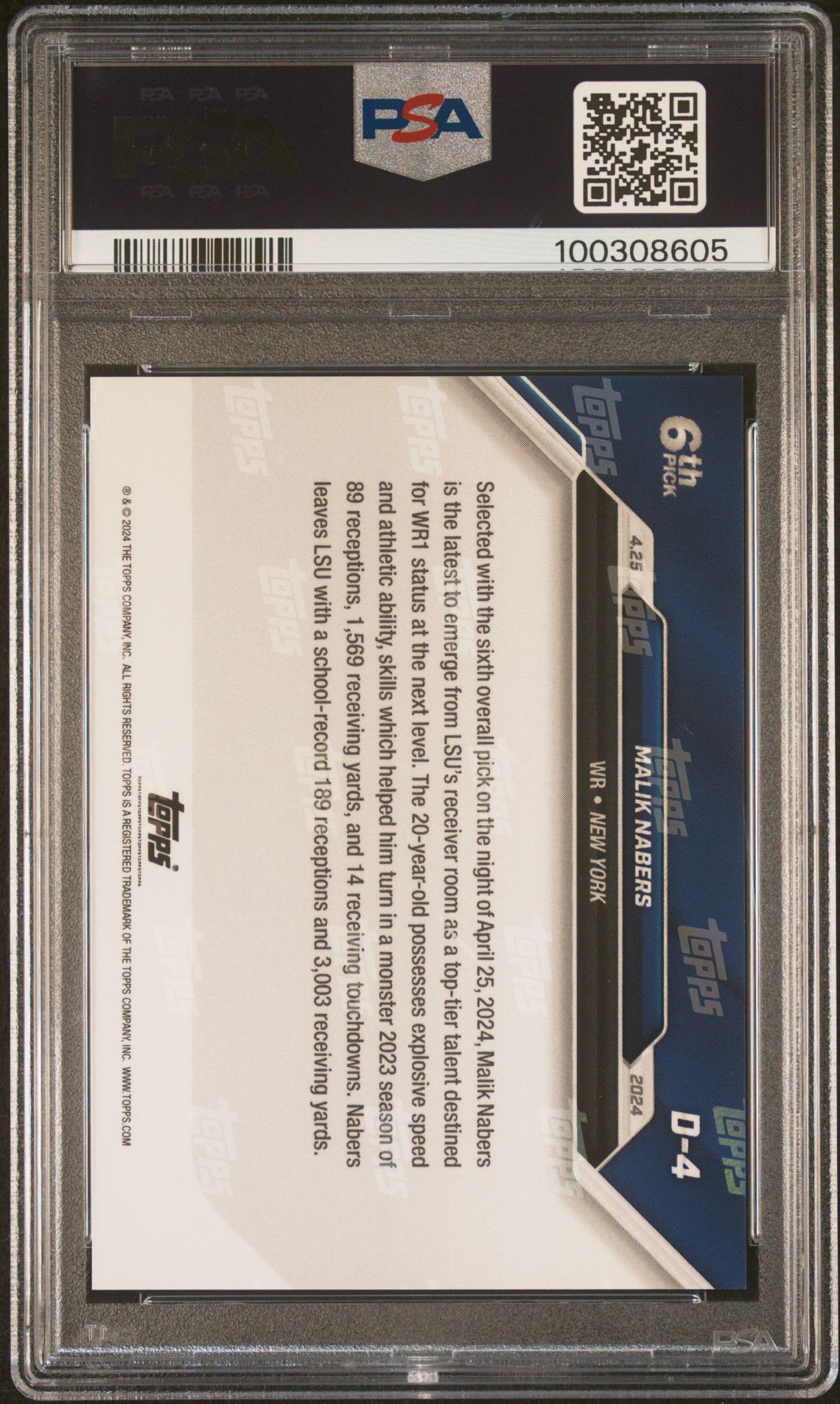 2024 Topps Now Malik Nabers #D4 Gem Mt 10 back view - PSA certificate #100308605