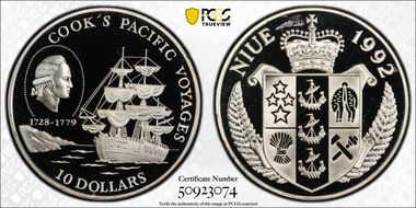 1992 $10 Cook's Pacific Voyages PR69DCAM