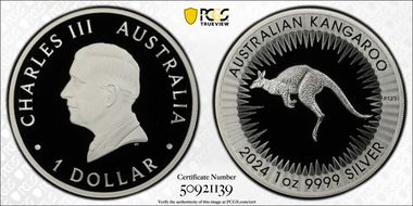 2024-P125 $1 Kangaroo Ag King Charles III First Issue PR70DCAM