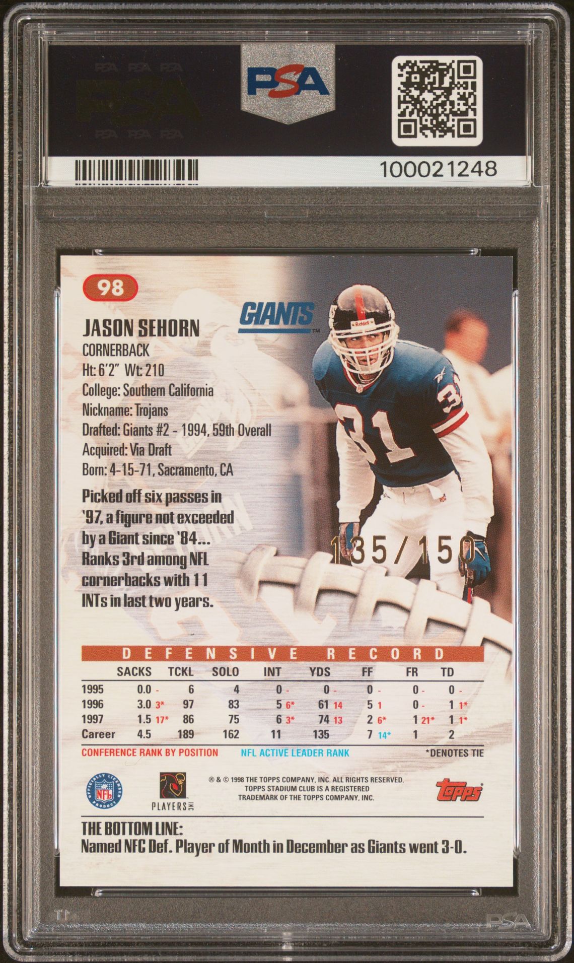1998 Stadium Club Jason Sehorn #98 (One Of A Kind) Mint 9 back