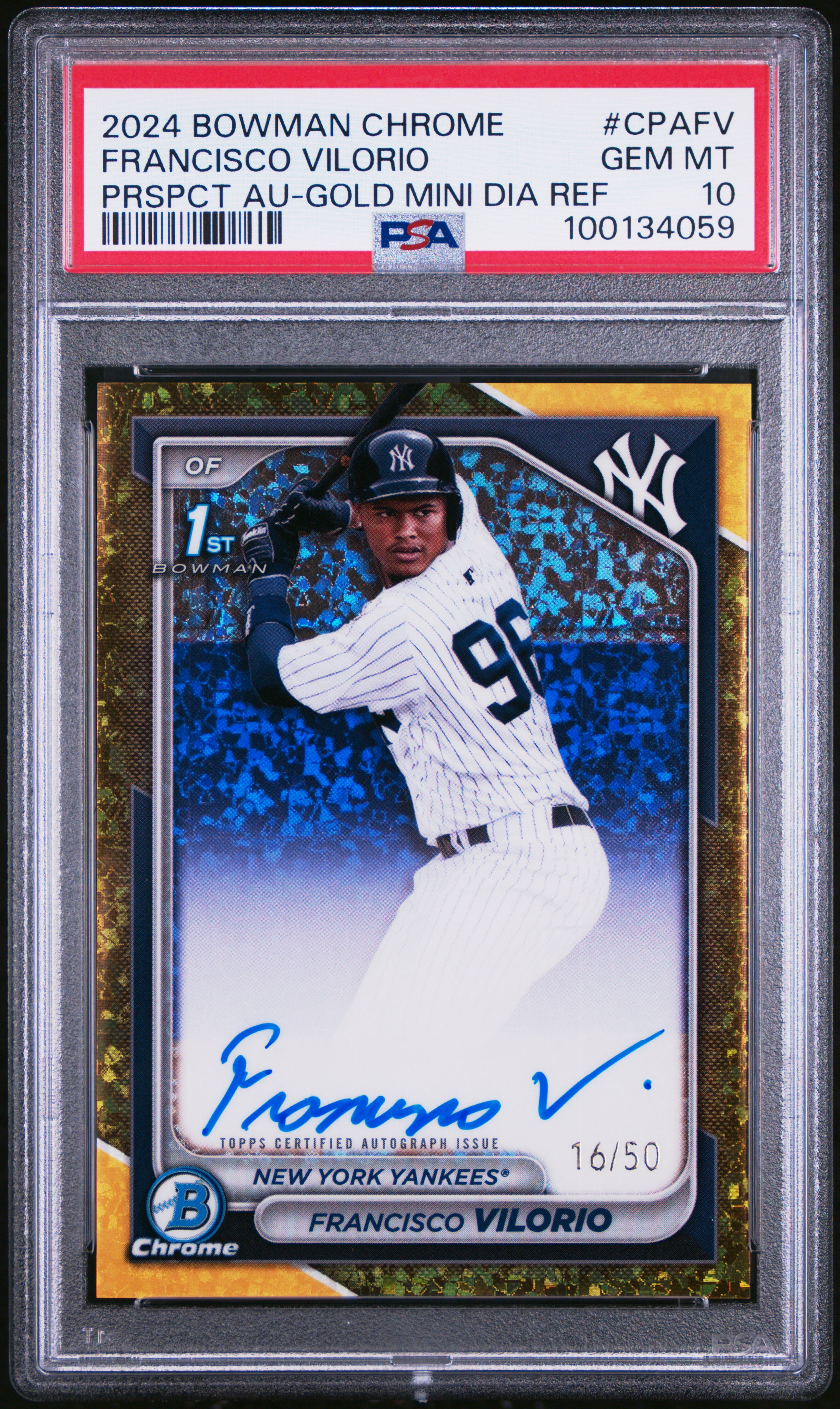 2024 Bowman Chrome Prospect Autographs Francisco Vilorio #Cpafv (Prspct Au-Gold Mini Dia Ref) Gem Mt 10 front