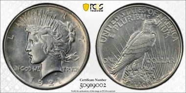 1921 $1 High Relief, Peace AU55