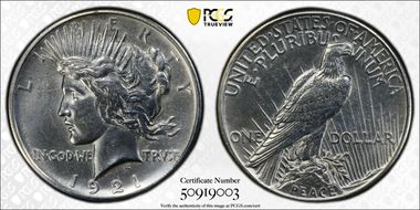 1921 $1 High Relief, Peace N1