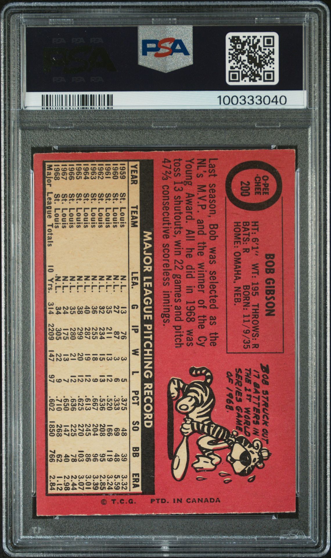 1969 O-Pee-Chee Bob Gibson #200 Nm 7 back