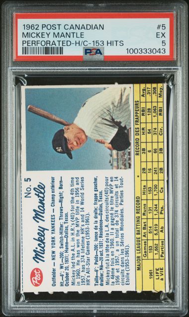 1962 Post Canadian Mickey Mantle #5 (Perforated-H/C-153 Hits) Ex 5 front
