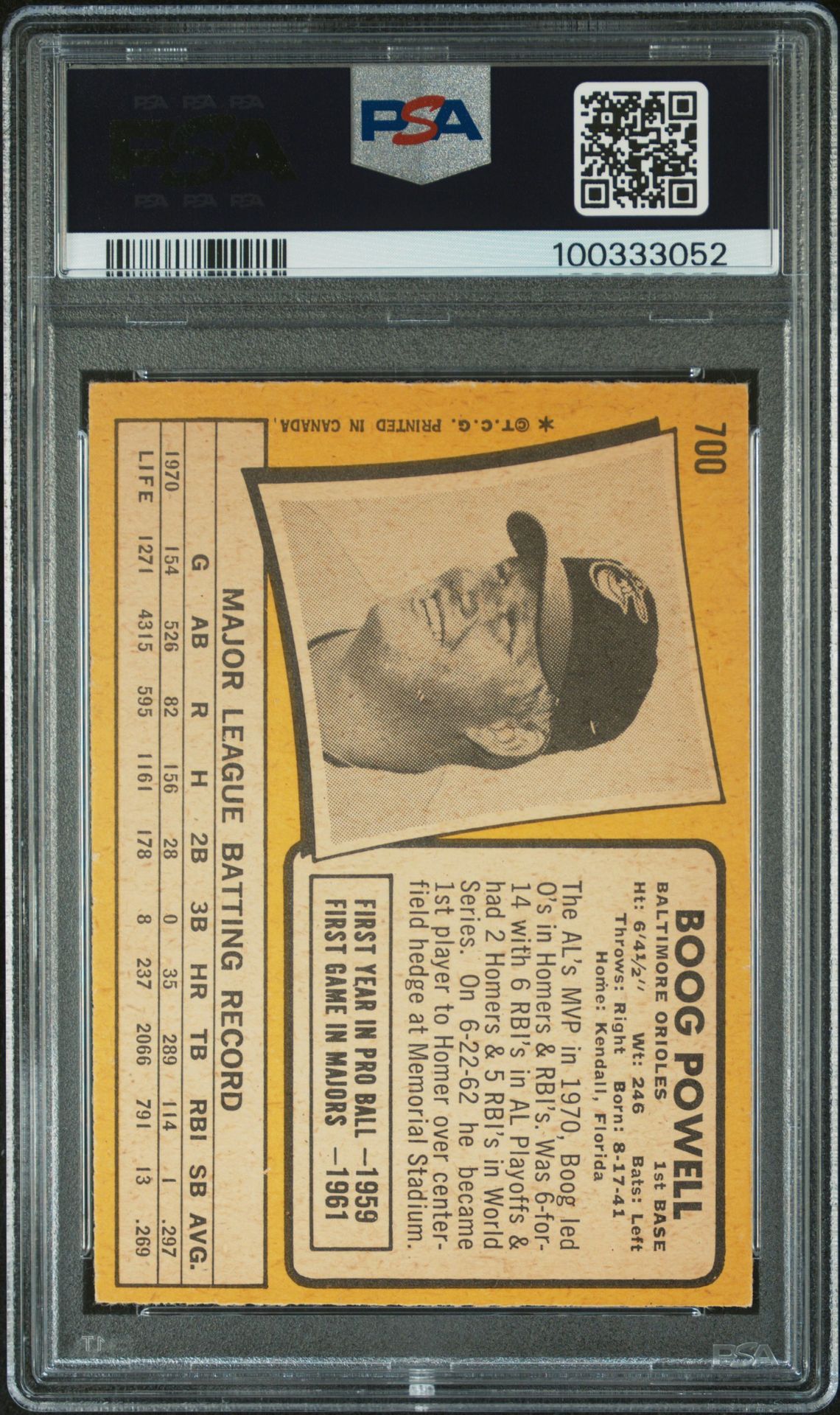 1971 O-Pee-Chee Boog Powell #700 Ex 5 back