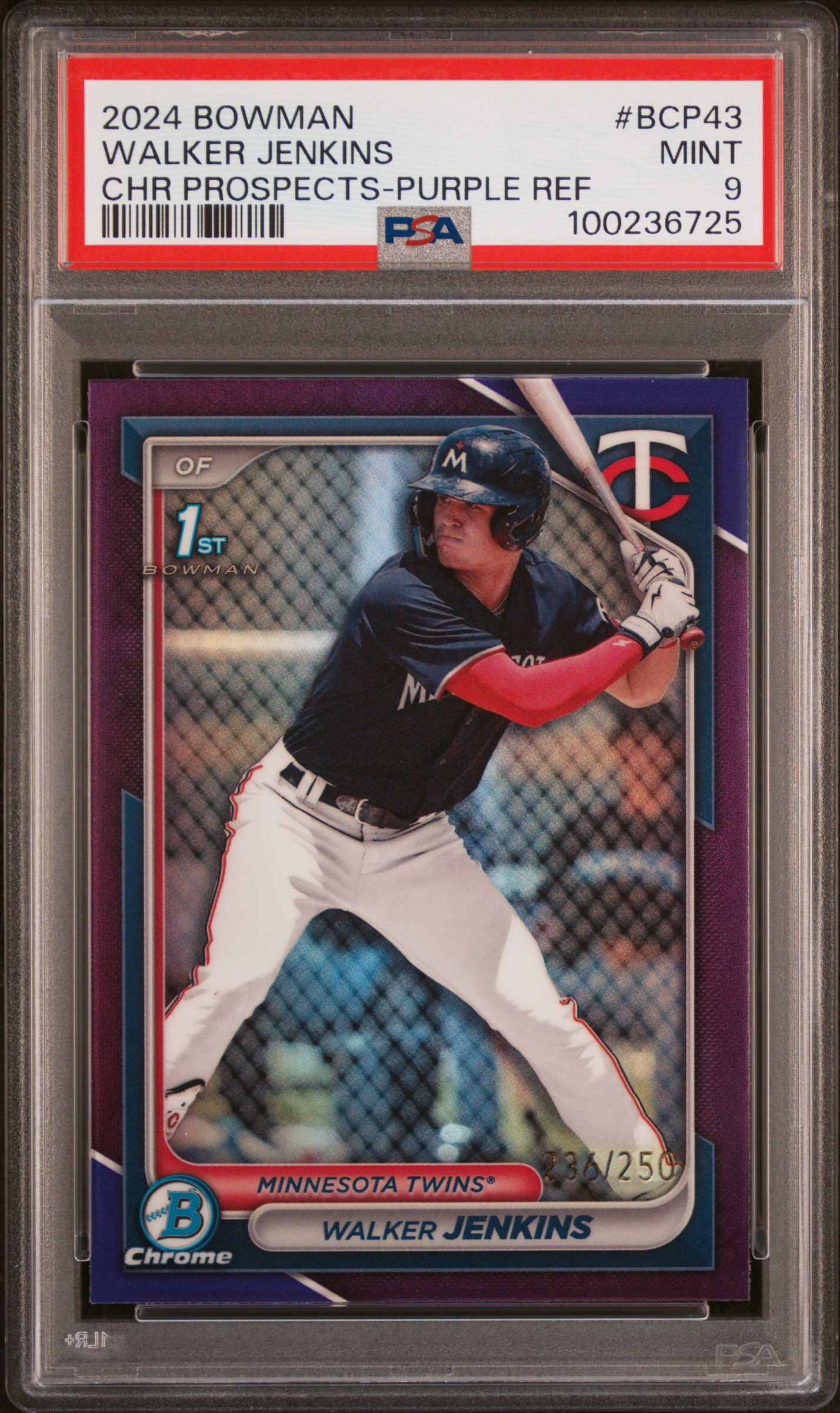 2024 Bowman Chrome Prospects Walker Jenkins #Bcp43 (Chr Prospects-Purple Ref) Mint 9 front