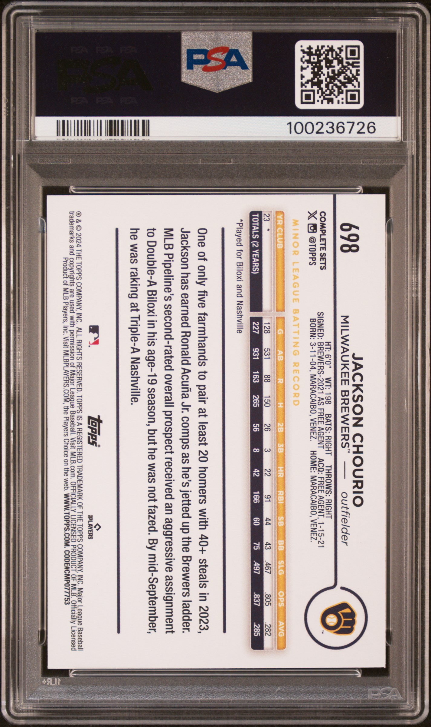 2024 Topps Jackson Chourio #698 (Sp) Mint 9 back