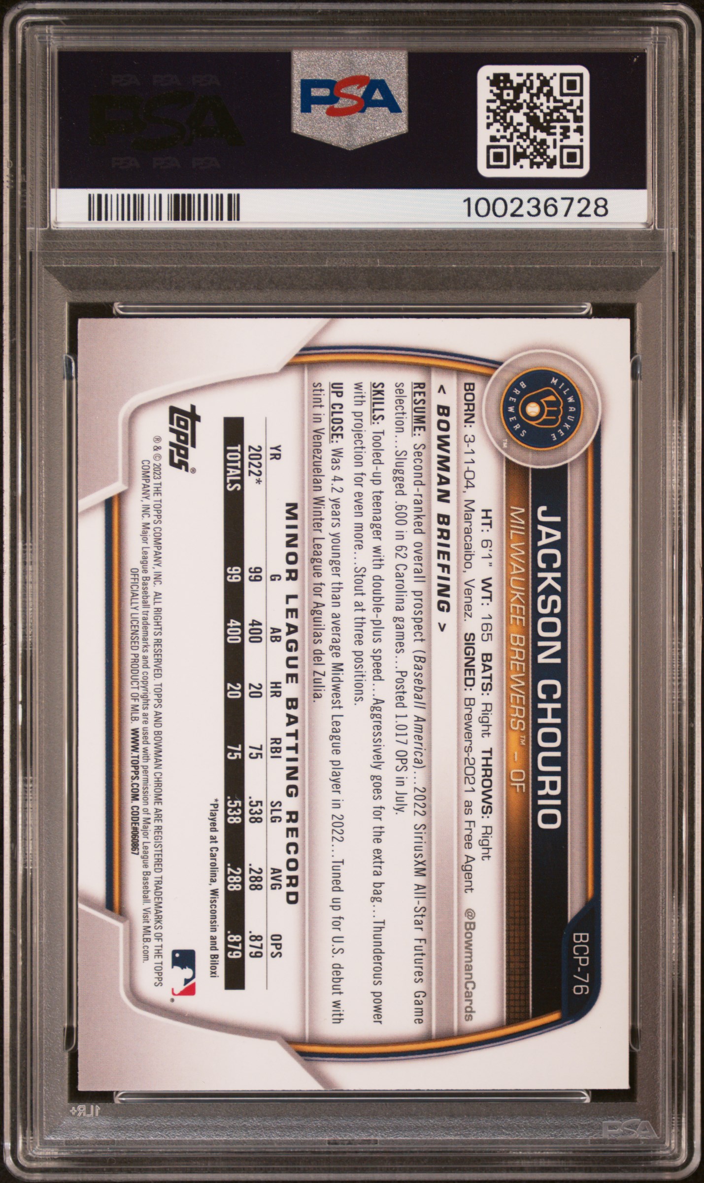 2023 Bowman Mega Box Chrome Jackson Chourio #76 (Chrome) Gem Mt 10 back