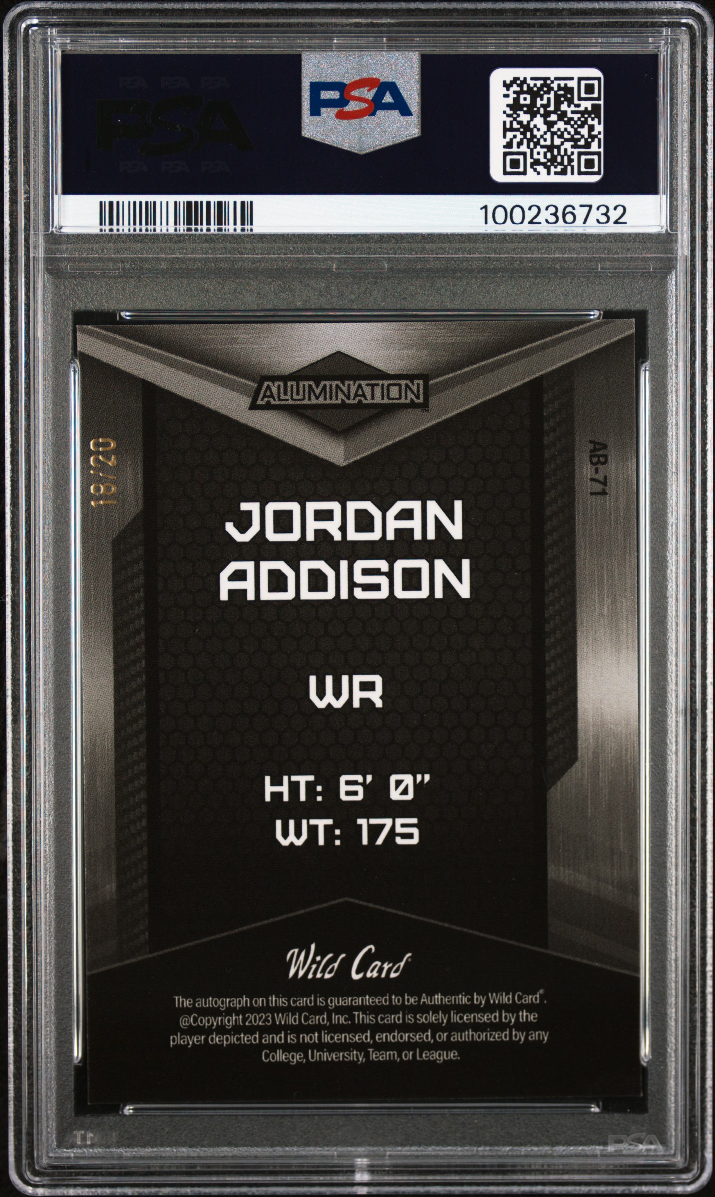 2023 Wild Card Alumination Draft Autographs Jordan Addison #Ab71 (Autograph-Shimmer-Gold) Mint 9 back