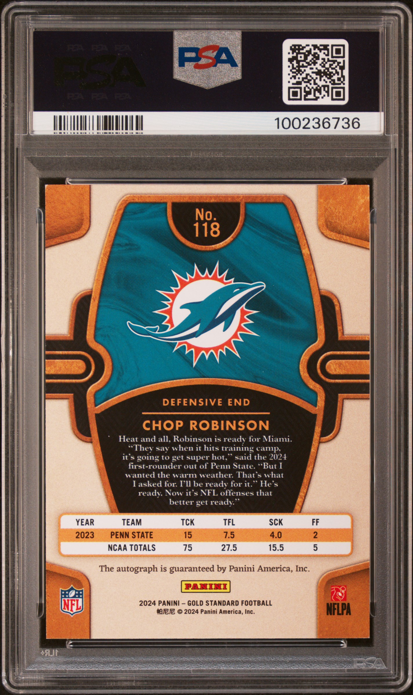 2024 Panini Gold Standard Chop Robinson #118 (Autograph-Sapphire) Mint 9 back