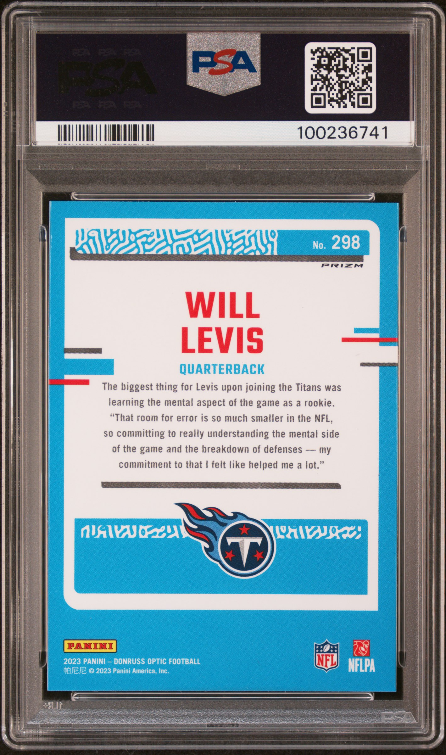 2023 Panini Donruss Optic Will Levis #298 (Blue Hyper) Gem Mt 10 back