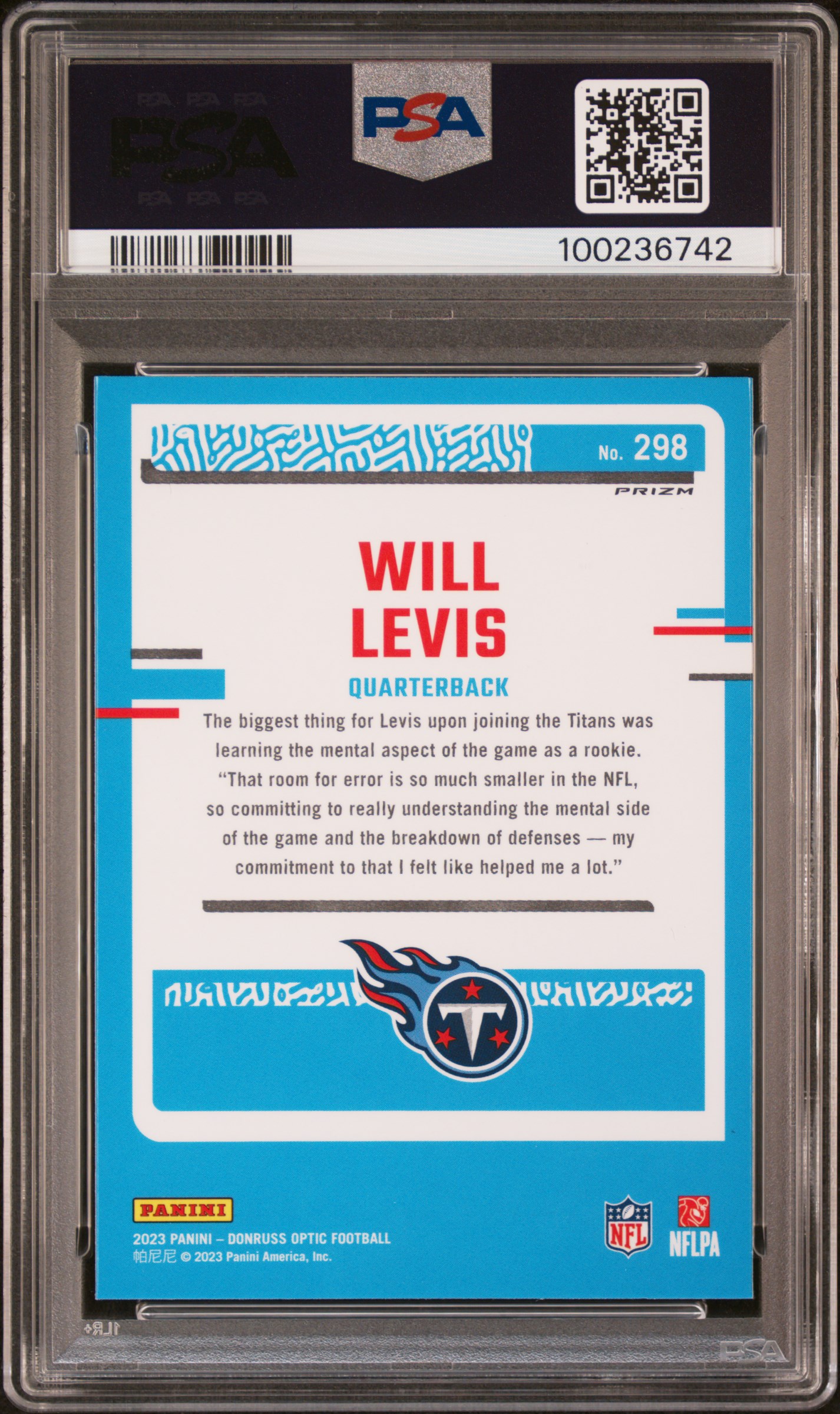 2023 Panini Donruss Optic Will Levis #298 (Purple Shock) Gem Mt 10 back