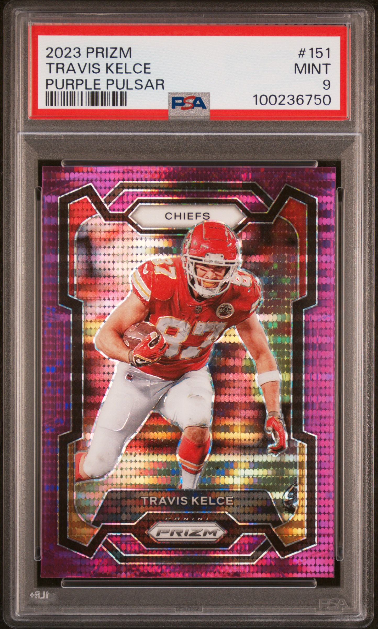2023 Panini Prizm Travis Kelce #151 (Purple Pulsar) Mint 9 front