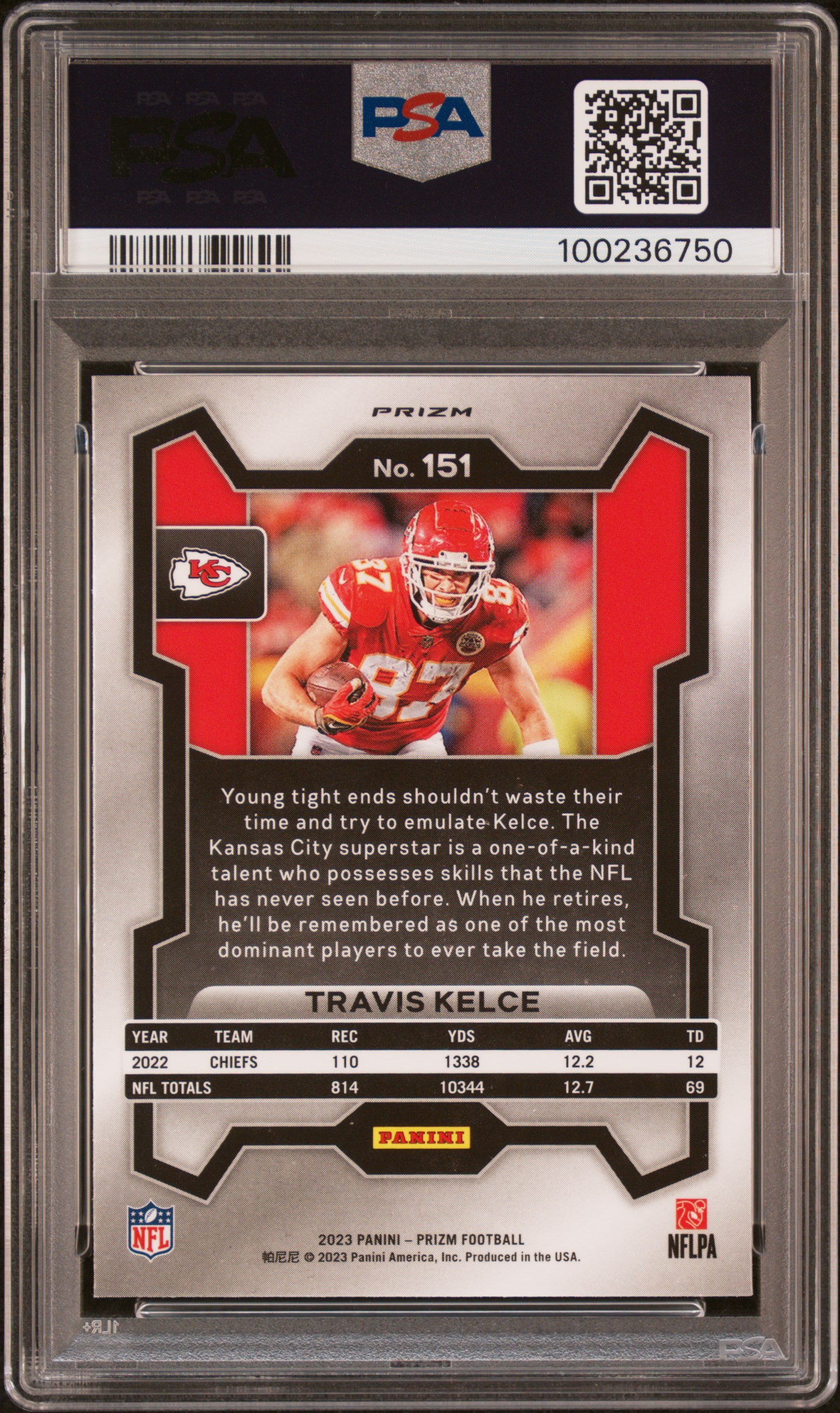 2023 Panini Prizm Travis Kelce #151 (Purple Pulsar) Mint 9 back