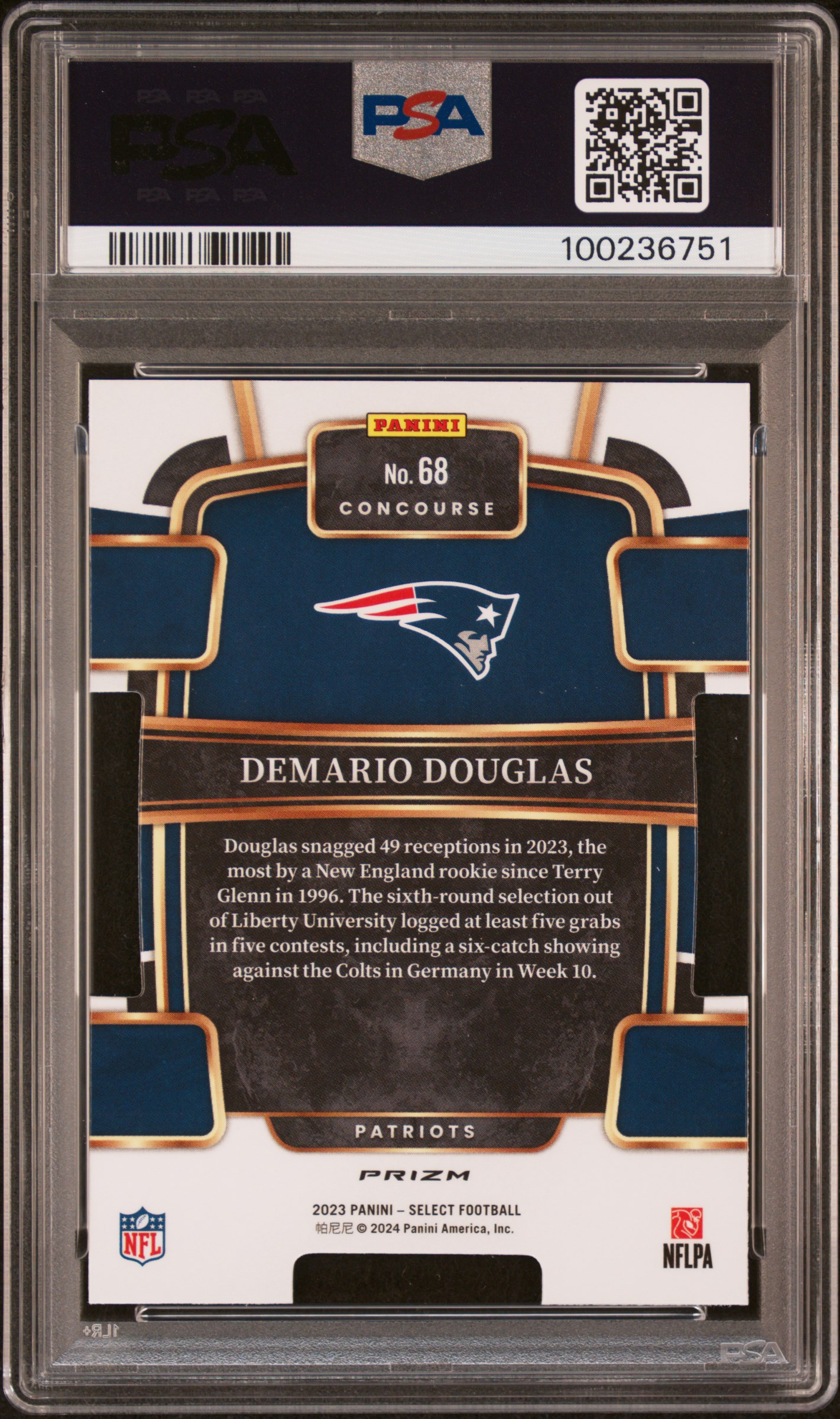 2023 Panini Select Demario Douglas #68 (Die-Cut Red & Blue Prizm) Gem Mt 10 back