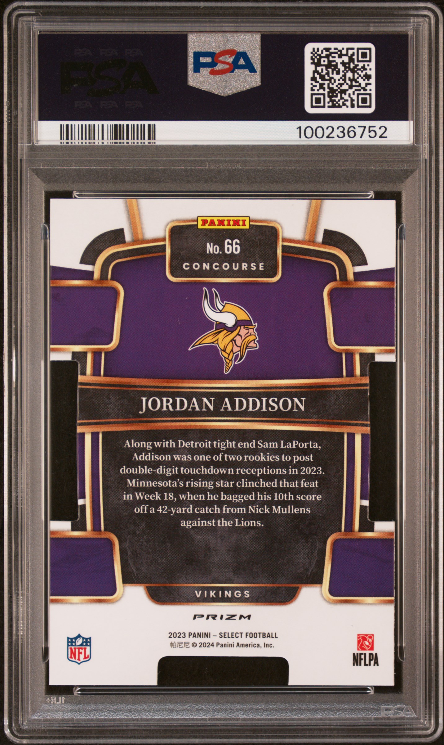 2023 Panini Select Jordan Addison #66 (Die-Cut Red & Blue Prizm) Gem Mt 10 back