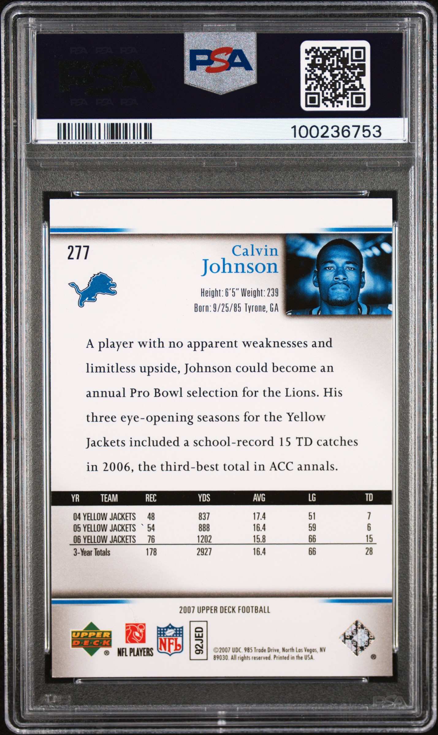 2007 Upper Deck Calvin Johnson #277 Mint 9 back