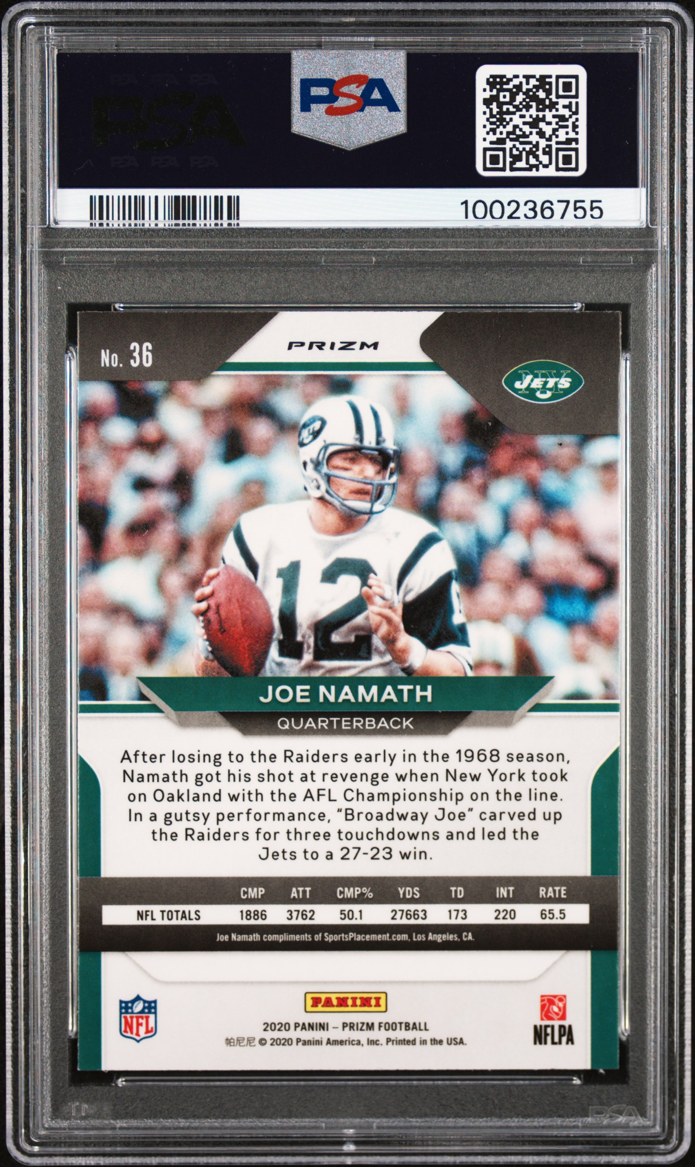 2020 Panini Prizm Joe Namath #36 (Pink Prizm) Nm-Mt 8 back