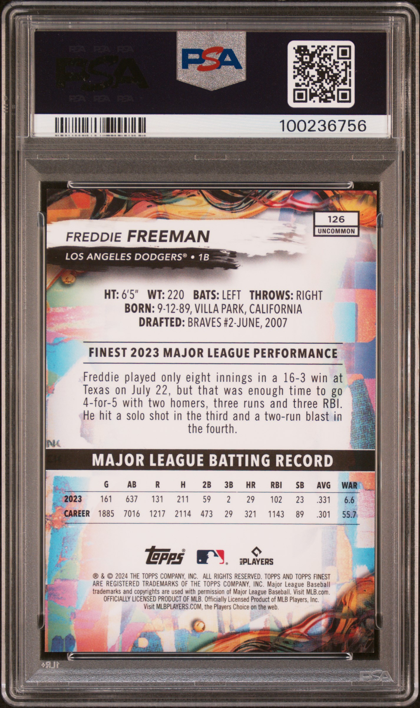 2024 Topps Finest Freddie Freeman #126 (Purple Refractor) Mint 9 back