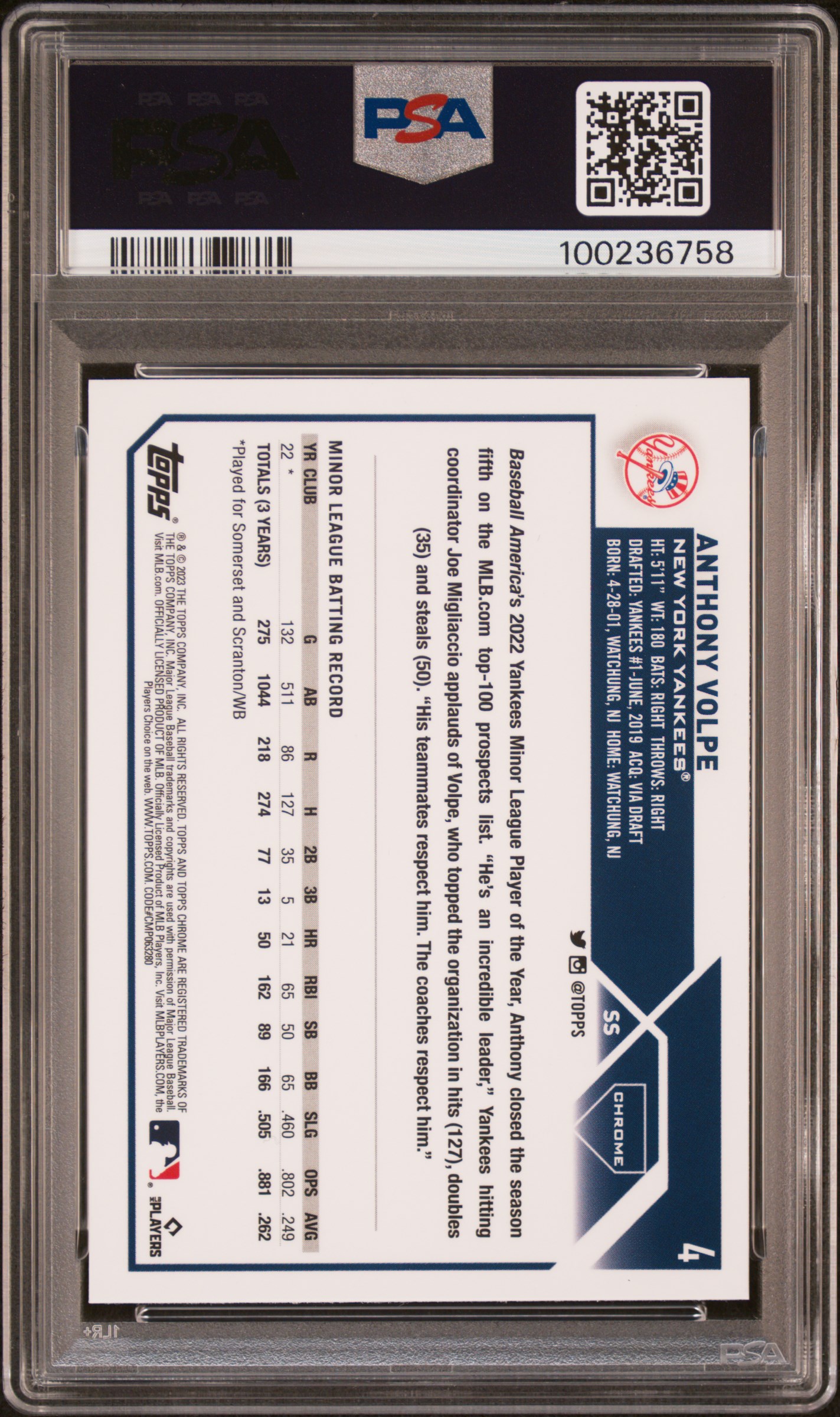 2023 Topps Chrome Logofractor Edition Anthony Volpe #4 Mint 9 back