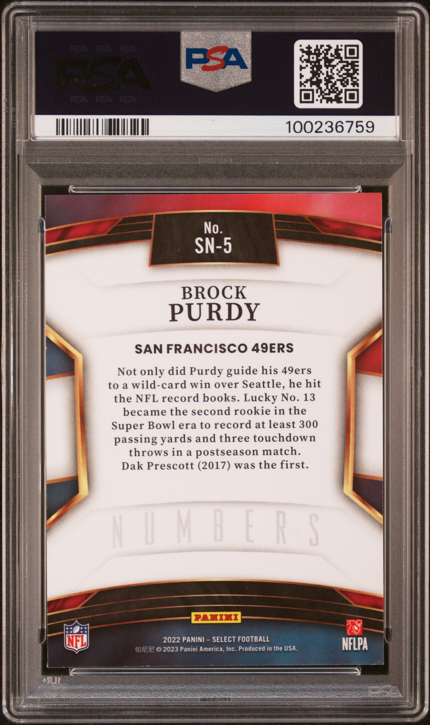 2022 Panini Select Select Numbers Brock Purdy #Sn5 (Numbers) Gem Mt 10 back