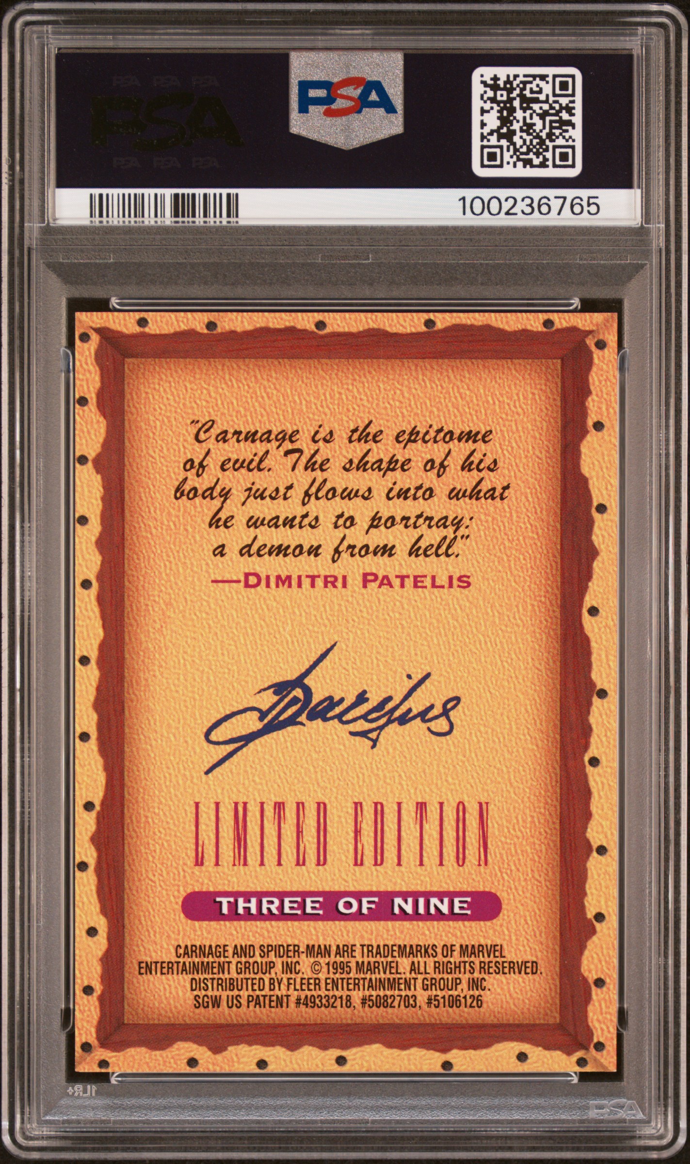 1995 Ultra Spider-Man Masterpieces Carnage #3 (Masterpieces) Mint 9 back