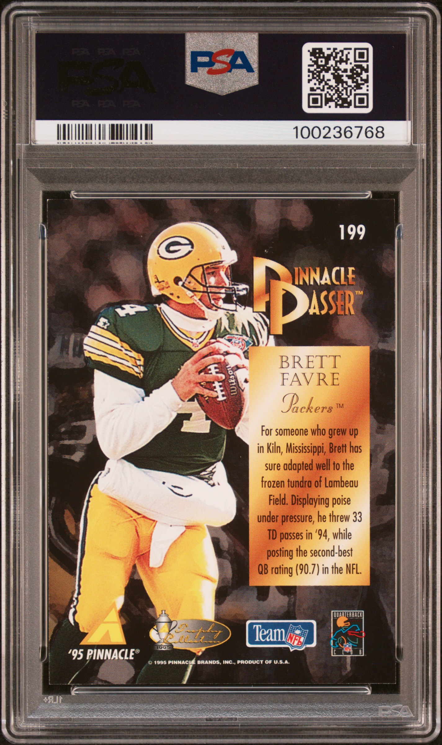 1995 Pinnacle Trophy Collection Brett Favre #199 (Trophy Collection) Mint 9 back