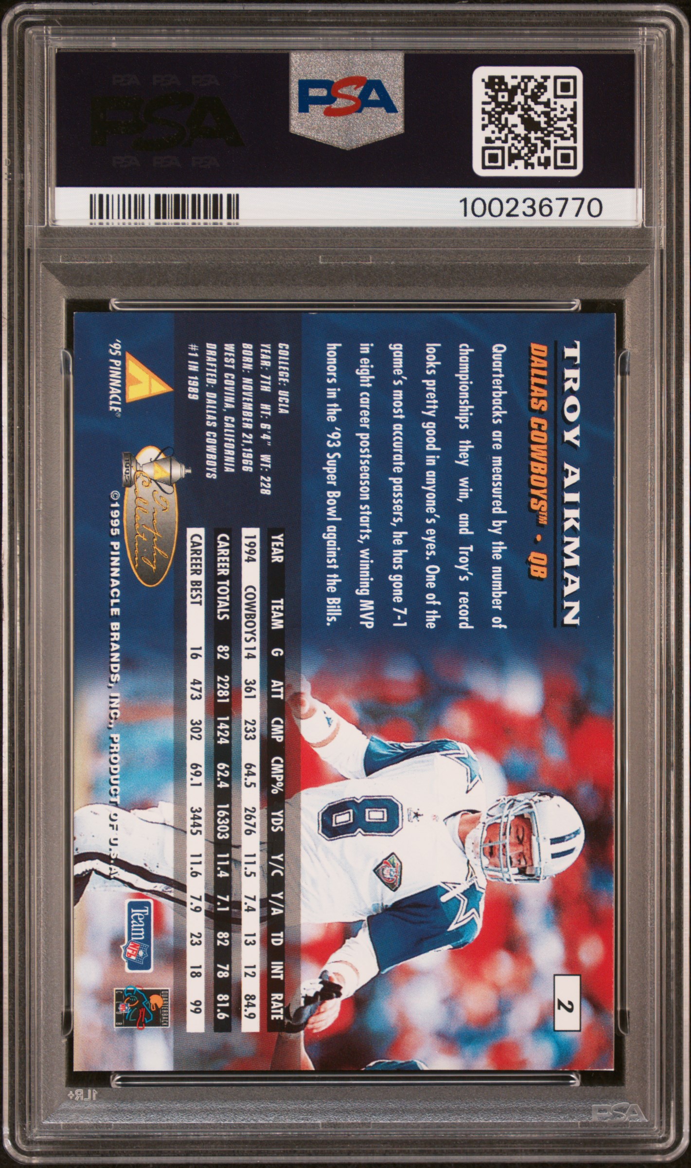 1995 Pinnacle Trophy Collection Troy Aikman #2 (Trophy Collection) Nm-Mt 8 back