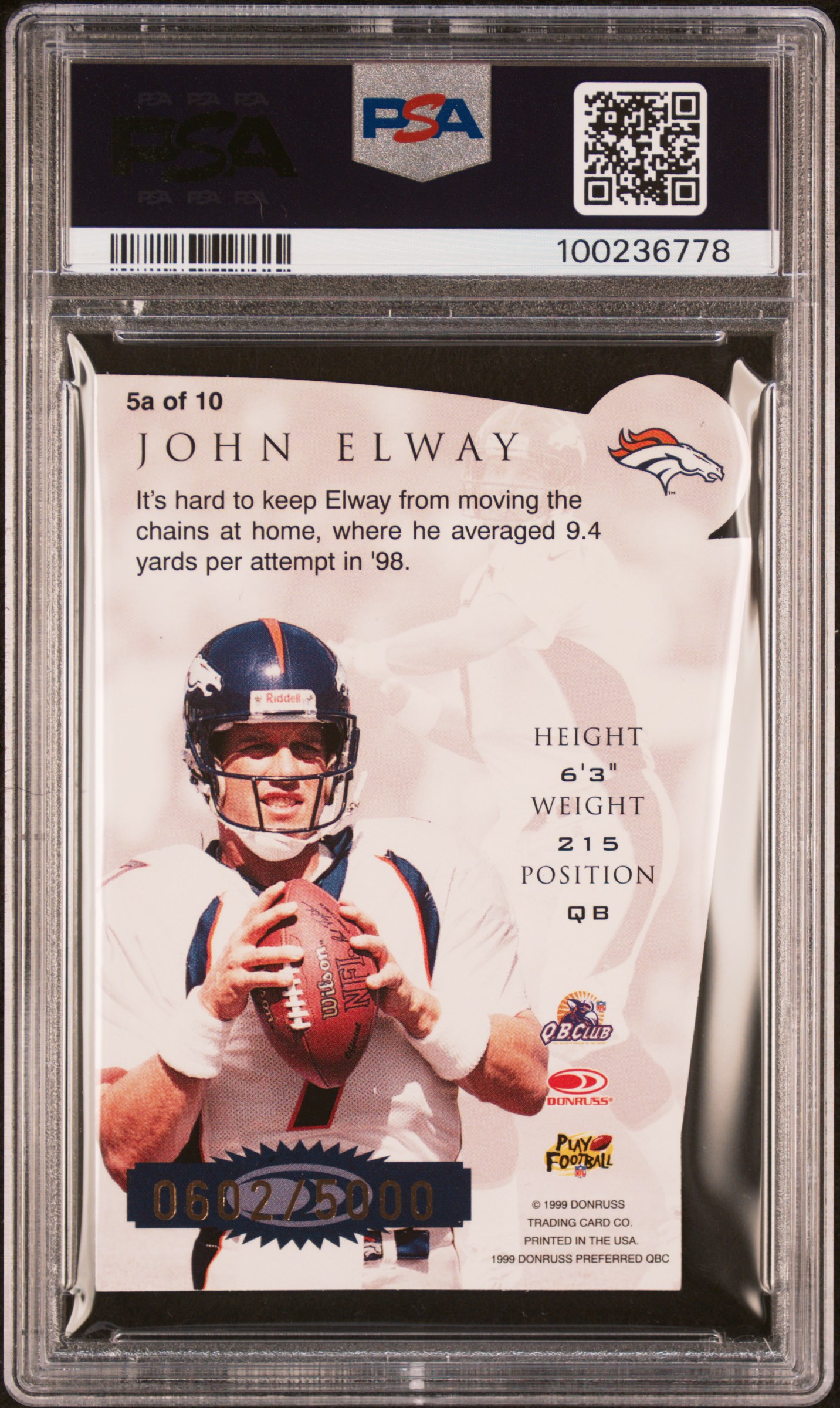 1999 Donruss Preferred Chain Reaction John Elway #5A (Chain Reaction) Mint 9 back