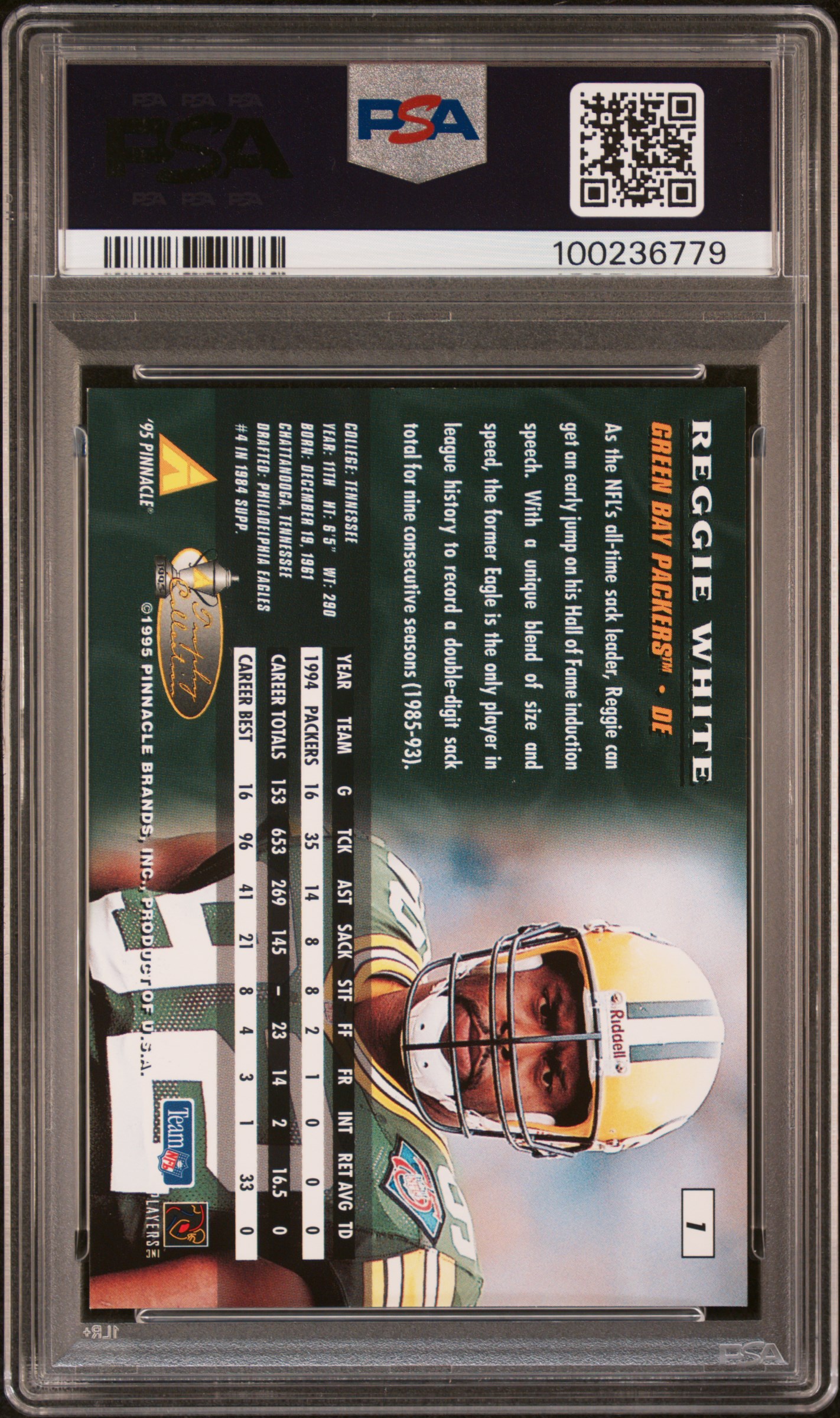 1995 Pinnacle Trophy Collection Reggie White #1 (Trophy Collection) Mint 9 back