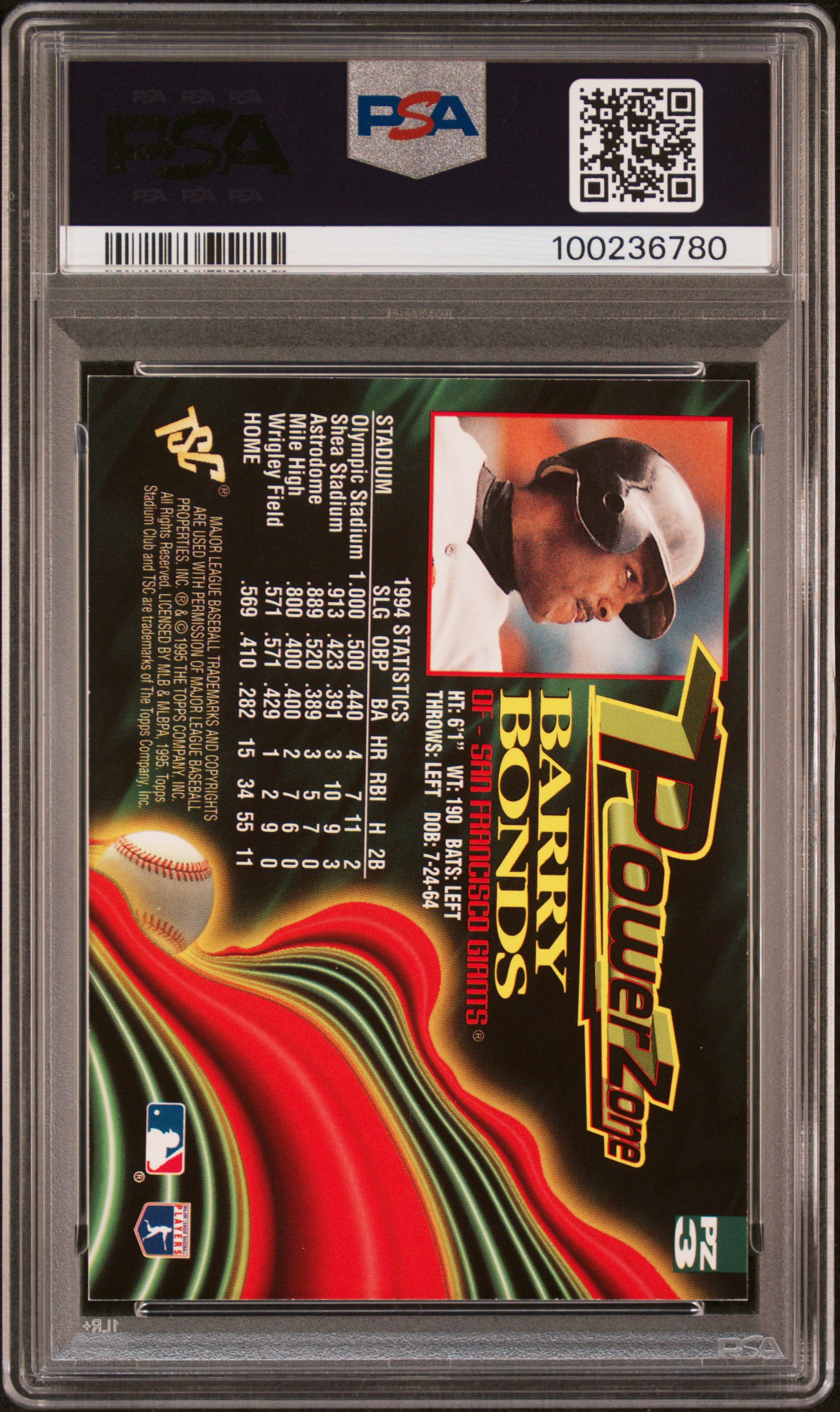 1995 Stadium Club Power Zone Barry Bonds #Pz3 (Power Zone) Mint 9 back