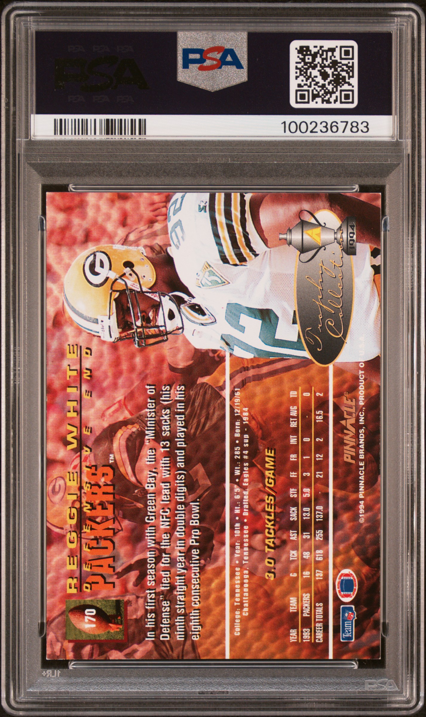 1994 Pinnacle Reggie White #170 (Trophy Collection) Nm-Mt 8 back