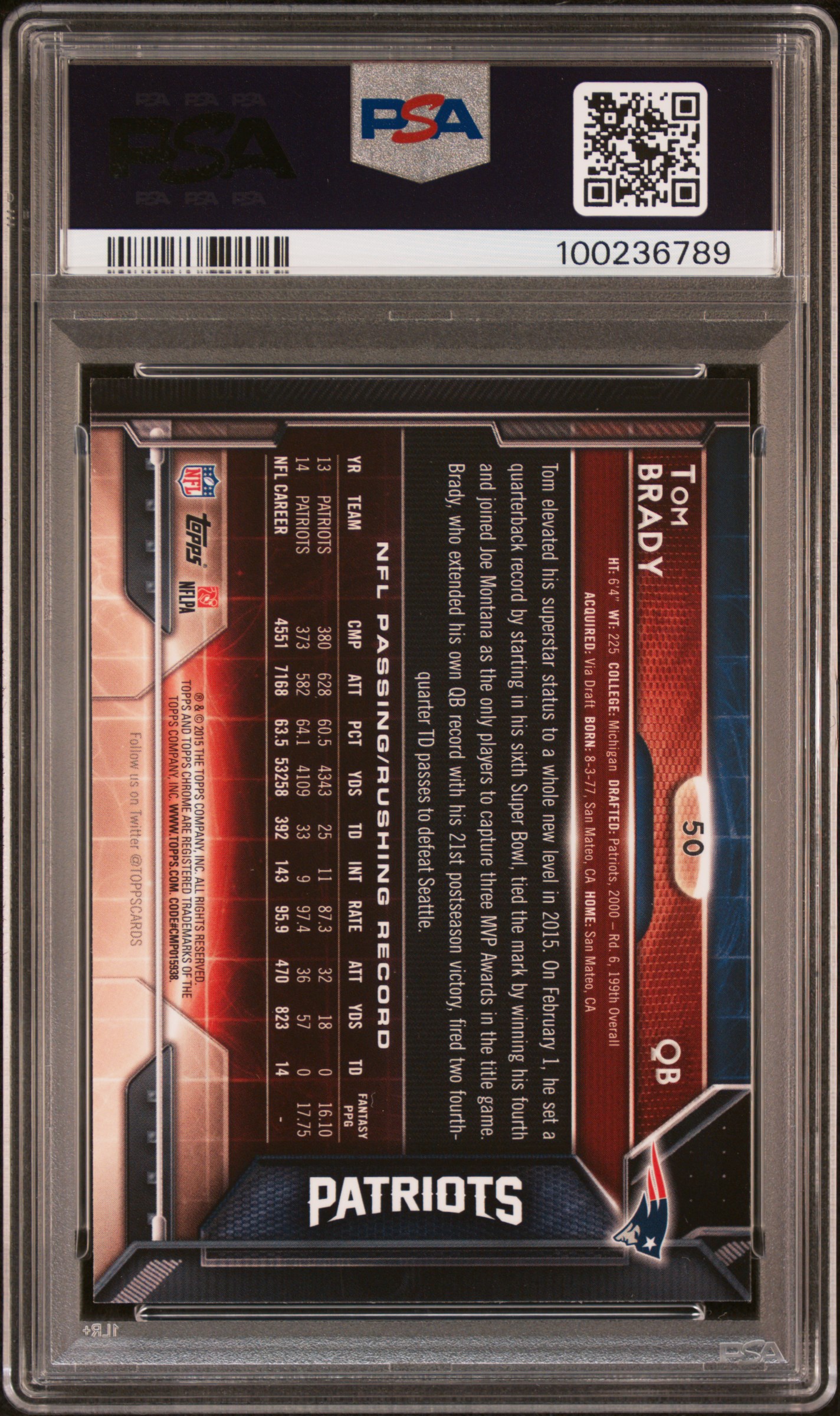 2015 Topps Chrome Tom Brady #50 (Refractor) Mint 9 back