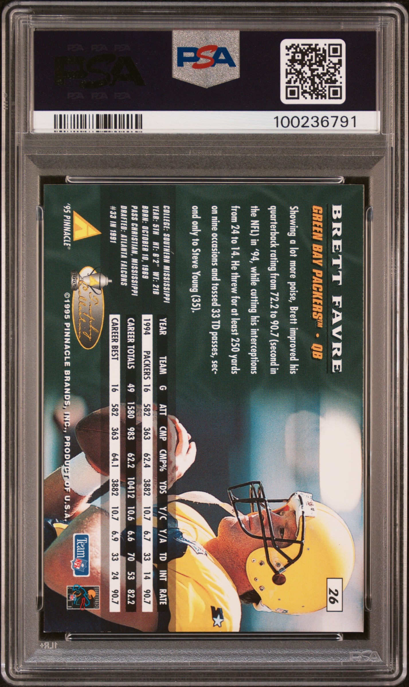 1995 Pinnacle Trophy Collection Brett Favre #26 (Trophy Collection) Mint 9 back
